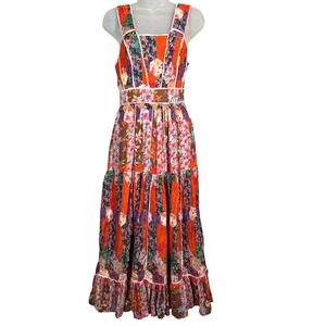 Anthropologie Maxi Dress Sz 00P Orange Floral Sleeveless Patchwork Boho Zip Tier